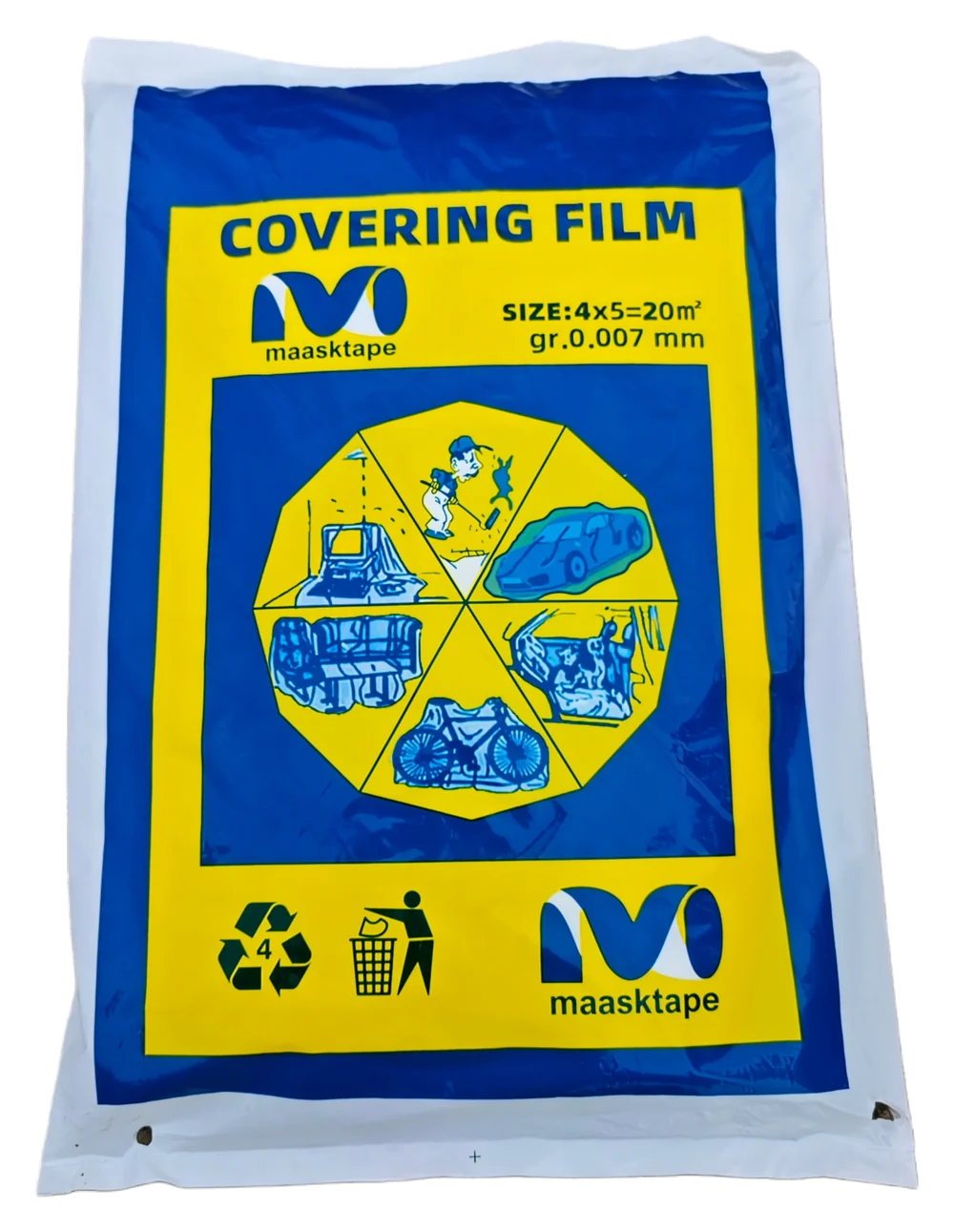 Maasktape Covering Film retail pack — a folded blue-and-yellow LDPE film pack marked “SIZE:4x5=20m²”, “gr.0.007mm” and recycling code 4, with pictograms of a covered car, furniture, machinery, motorbike and appliances.