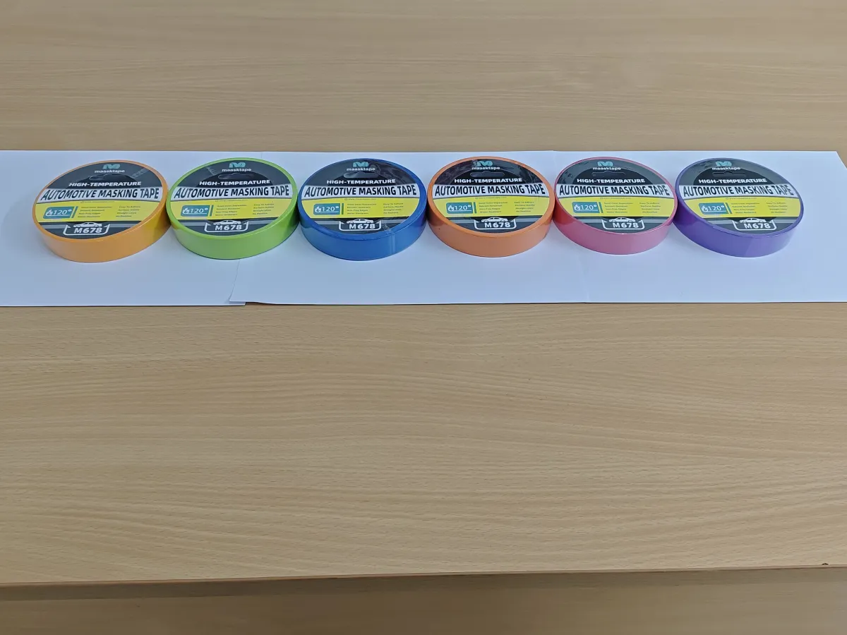 A lineup of Maasktape washi masking tape rolls in all six colours.