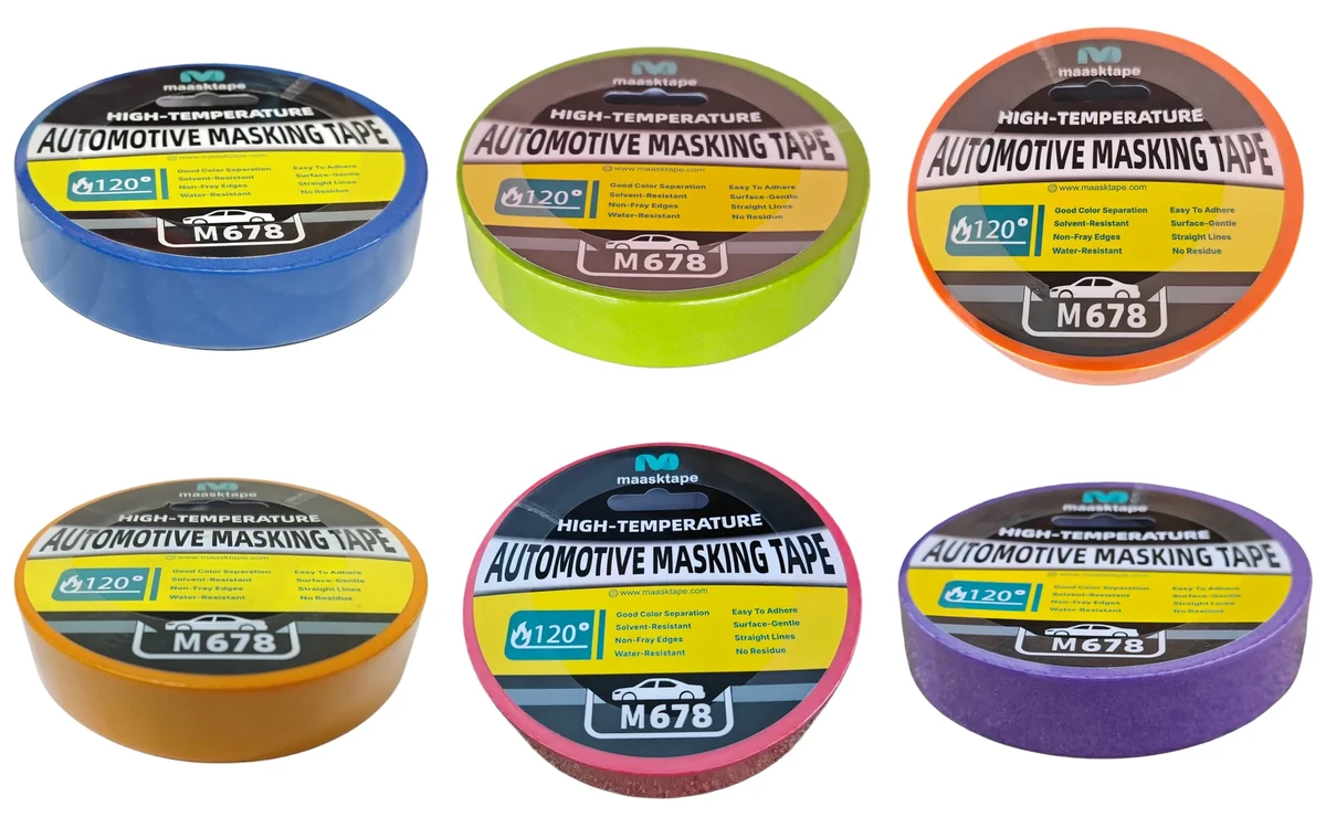 The six Maasktape automotive masking tape colours — blue, green, orange, yellow, pink and violet — each roll labelled M678.