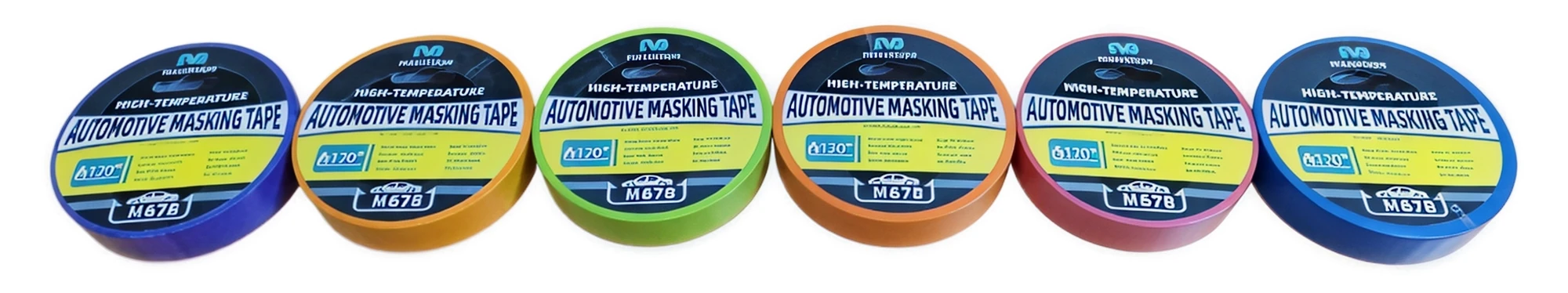 Six rolls of Maasktape automotive masking tape side by side — one in each of the six colours, each labelled M678.