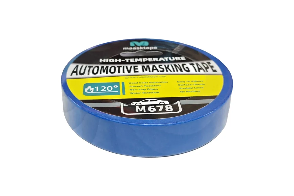 Roll of Maasktape Blue high-temperature automotive masking tape, labelled M678.