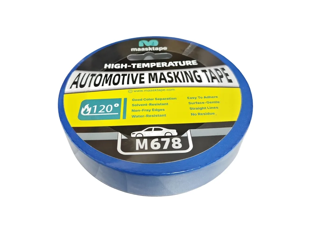 Roll of Maasktape Blue high-temperature automotive masking tape (M678), angled to show a flat, dense wound edge with no feathering.