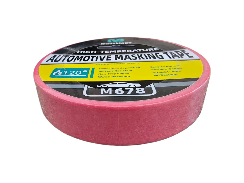 Roll of Maasktape Pink high-temperature automotive masking tape, labelled M678.